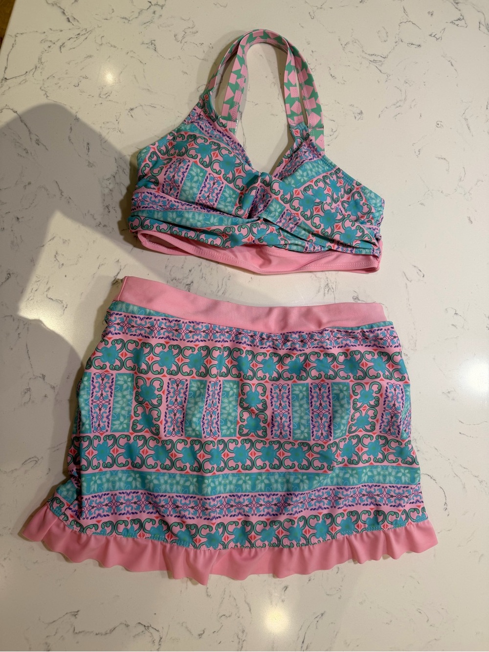 Pink & Teal Patterned Women’s Swim Set - Bikini Top & Skirt